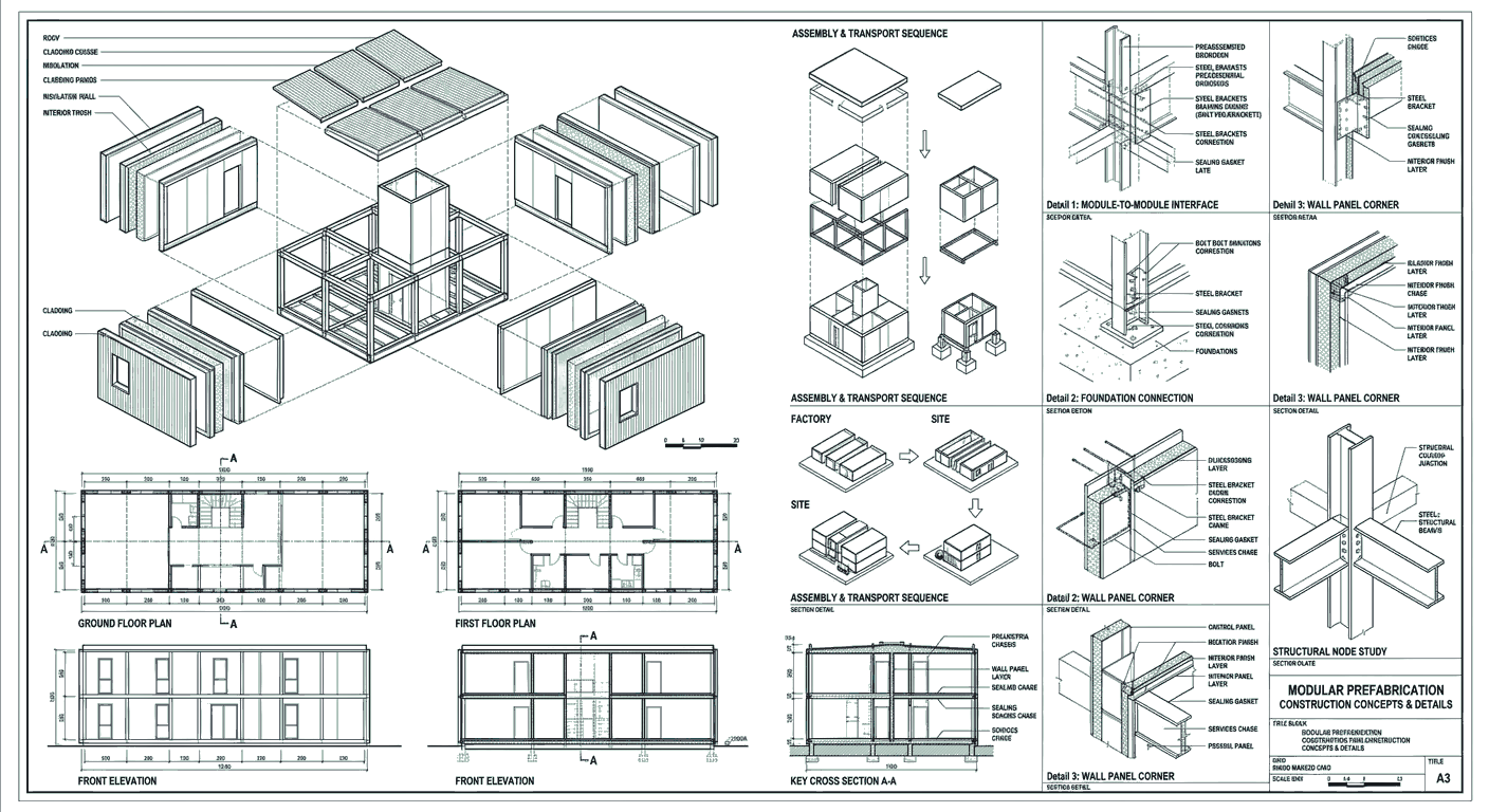 Modular Prefabrication Construction Concepts & Details Technical Blueprint Drawing - Glassy Style